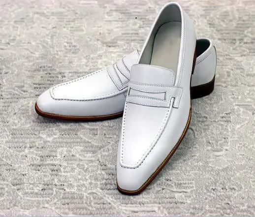 Men's Handmade White Leather Penny Loafer Shoes, Men's Casual Shoes