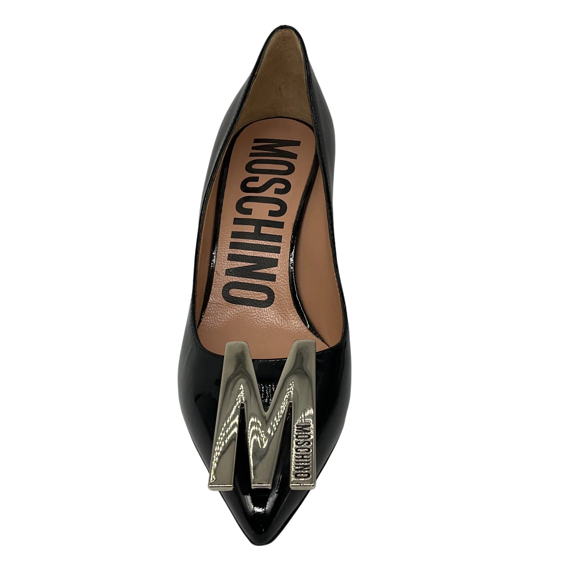 Moschino Black / Silver M Plaque Patent Leather Pumps