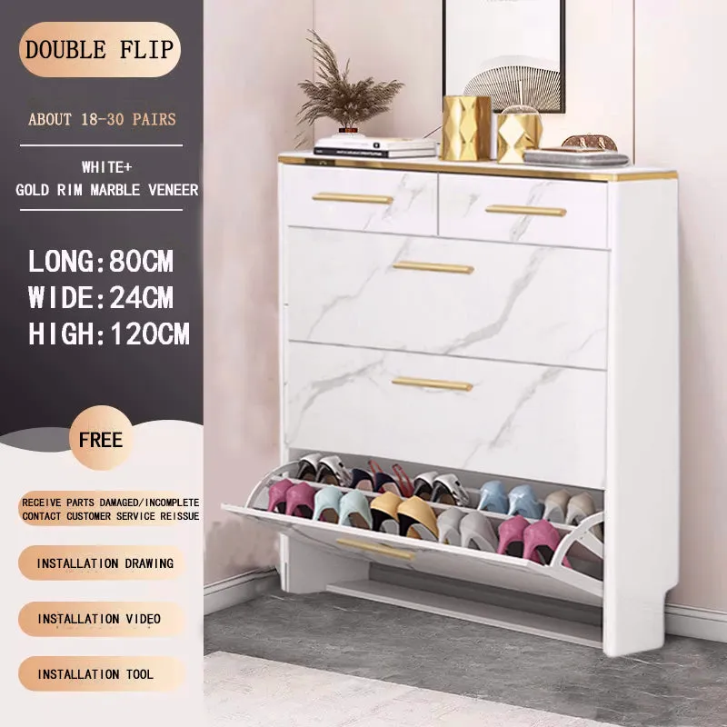 Nordic Double Flip Shoe Cabinet Wooden Shoe Organizer With Drawer Storage Cabinet Golden Edge Large Capacity Kabinet Kasut Kayu Mewa