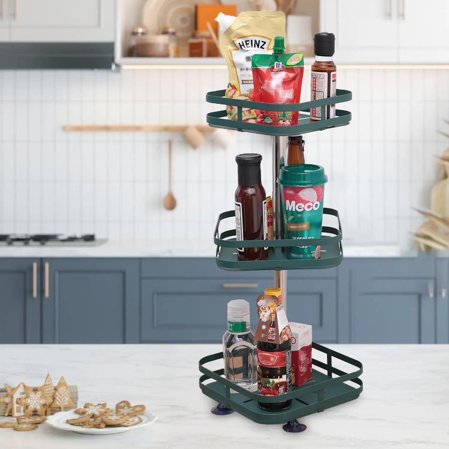 Plantex 3-Layer Rotating Spice Rack|Square Shelf For Cabinet Countertop|360-Degree Rotable Kitchen Trolley|Fruit Basket (Dark Green)