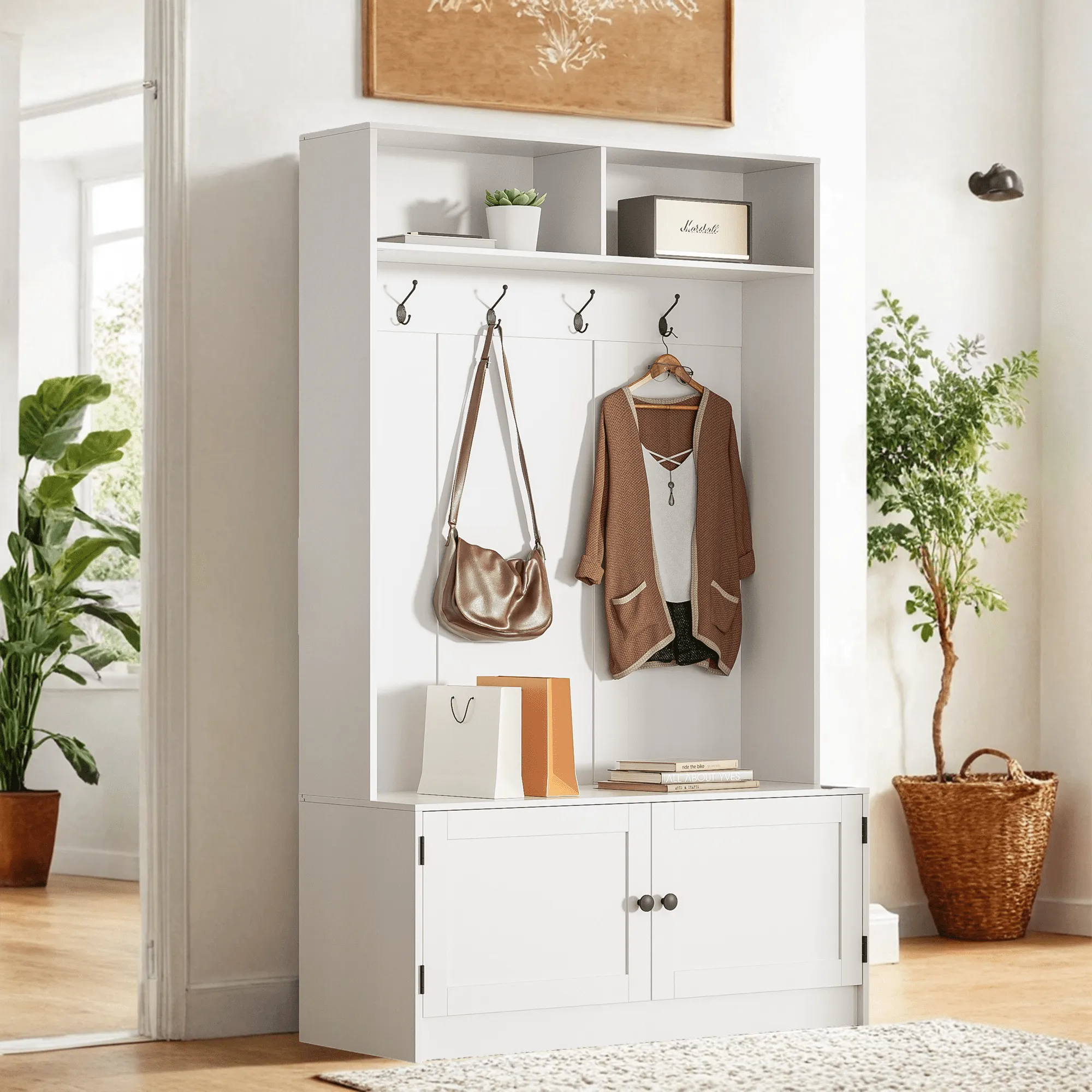 premium White Hall Tree with Storage Bench, 65" Tall Entryway Bench with Shoe Storage, Coat Rack and Top Shelf, Freestanding Wooden Hall Tree with Bench for Entryway, and Hallway