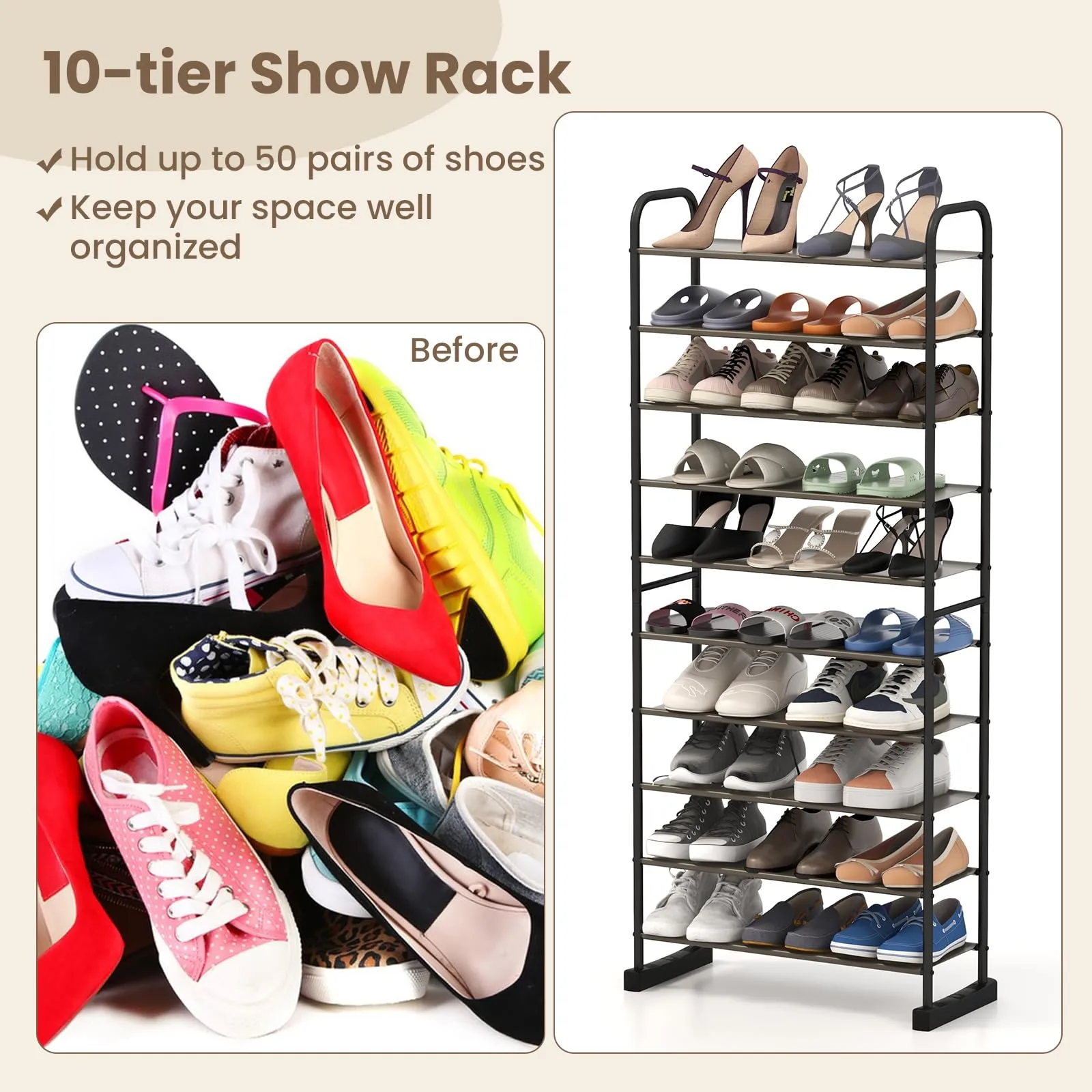 Tangkula 10-Tier Free Standing Shoes Rack, Space-saving Shoes Organizer Shoes Storage Stand