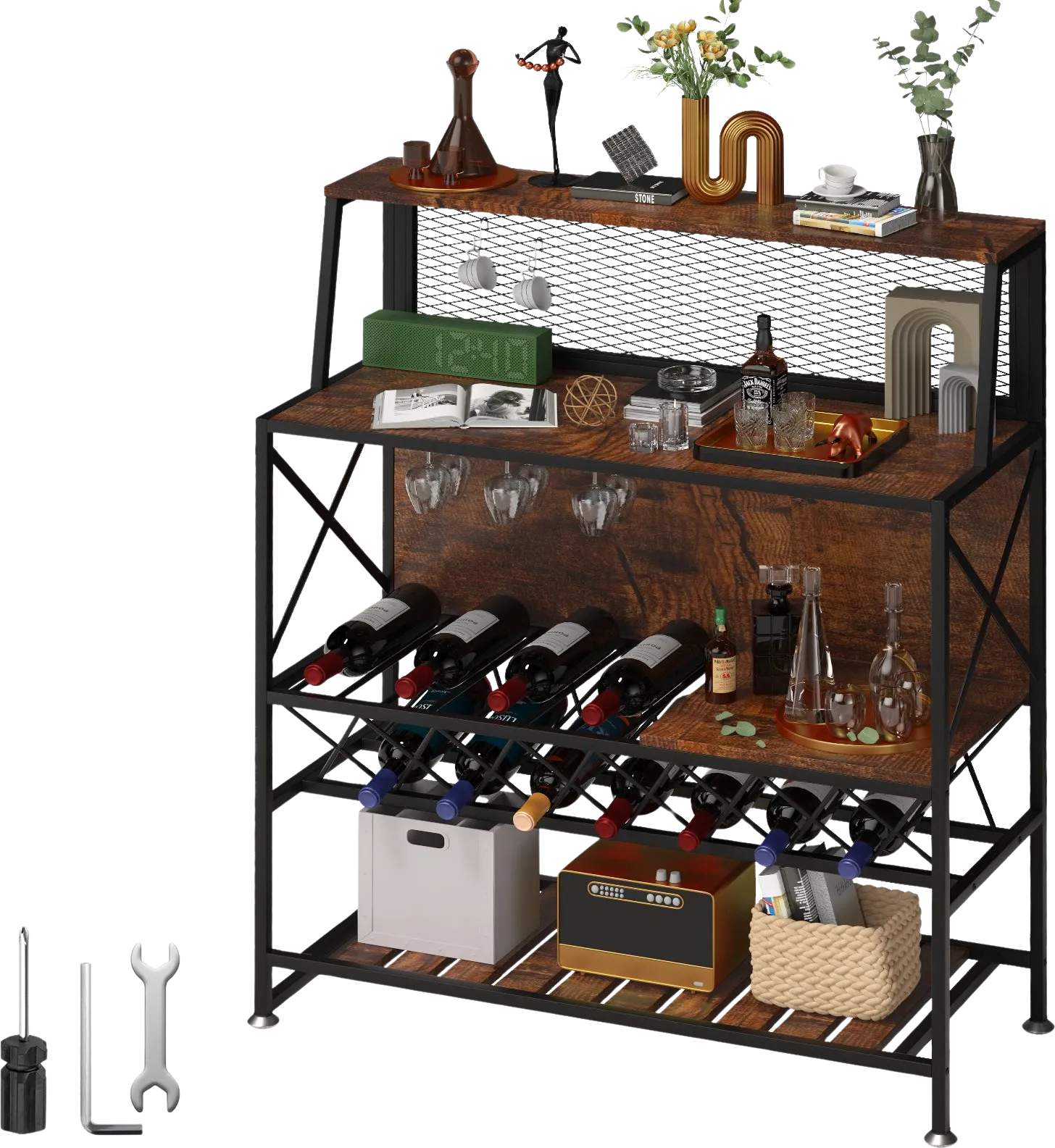 Vevor Bar Cabinet with Wine Rack and Glass Holder Industrial Liquor Storage Holds 12 Bottles New