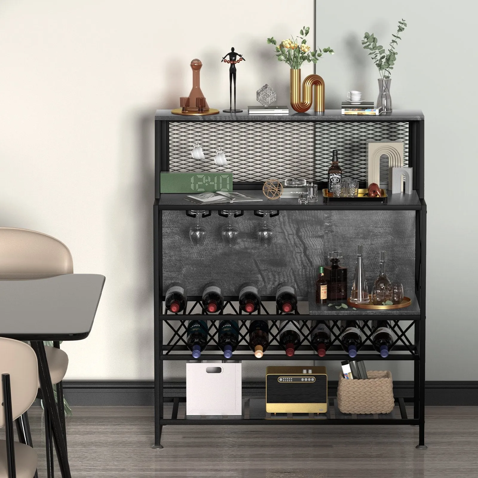 Vevor Bar Cabinet with Wine Rack and Glass Holder Industrial Liquor Storage Holds 12 Bottles New