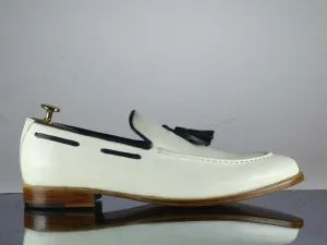 White Loafer Tussle Leather Shoes ,Handmade Formal Shoes