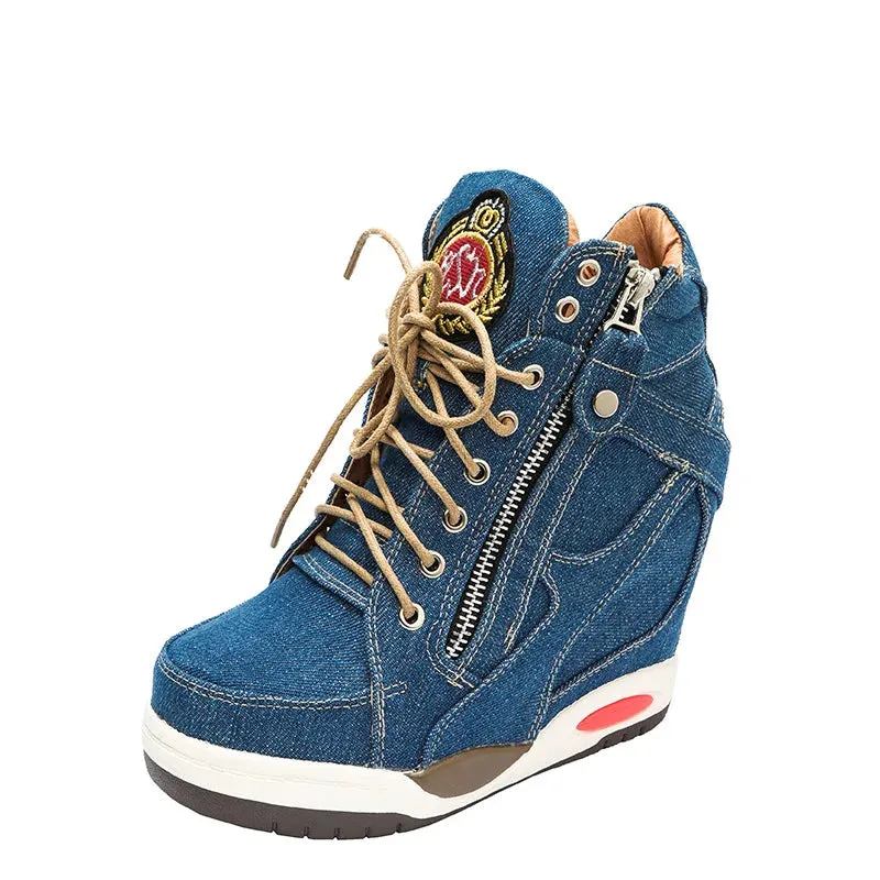 Women's Denim Wedge High-Top Sneakers | Fashion Platform Shoes with Zipper | Thick Bottom Casual Vulcanized Shoes | Big Size 41