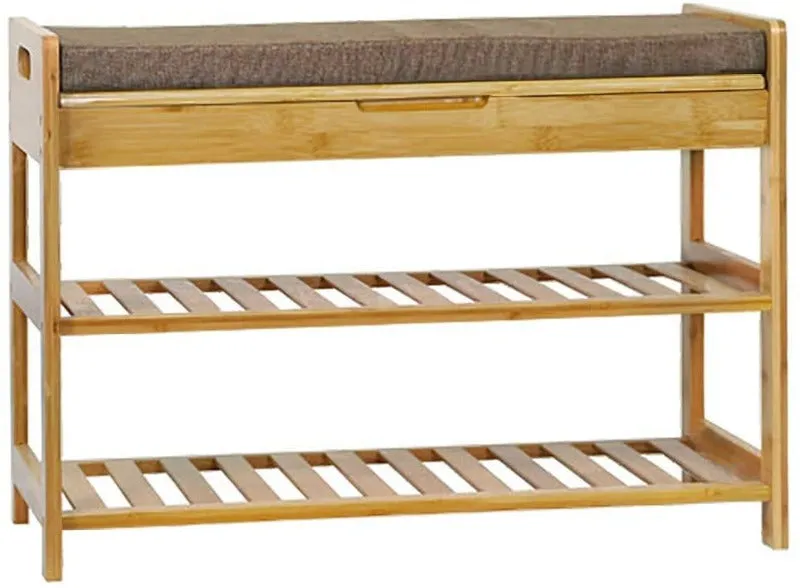 Wooden Twist Stylish 3- Tier Organizer In Bamboo Wood Shoe Rack Bench with Cushion